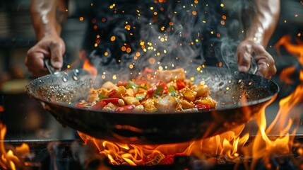 Intense flames engulf Thai dish as chef cooks in a wok, close-up on cooking seafood and vegetables....