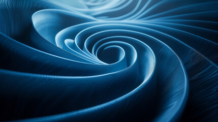 Close-up of blue and light blue spiral lines in black. Abstract background. Minimalistic lines, luminous shapes.