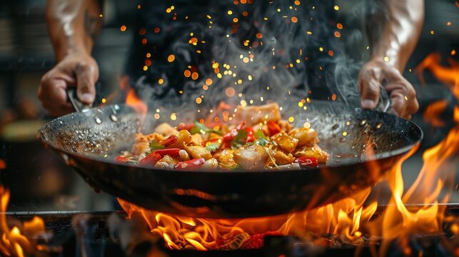 Intense flames engulf Thai dish as chef cooks in a wok, close-up on cooking seafood and vegetables. Concept of live kitchen action, traditional Thai cooking, chef's expertise.