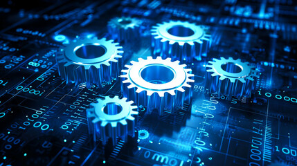 Glowing blue early sized gears on a dark background with a digital binary code pattern with numbers and lines. Digital technology concept. Data processing.