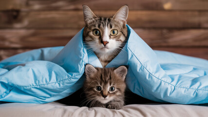 Two adorable cats cozily tucked under a blue blanket, curiously looking at the camera against a wooden plank background