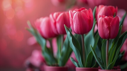 Fototapeta premium Pink Tulips Aligned Against Pink Wall