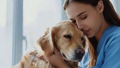 A young, female professional nurse wearing blue scrubs is holding the head of an old golden retriever dog