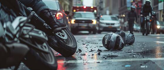 Car accident in the city, collosion between cars and motocycle, helmet on the road.