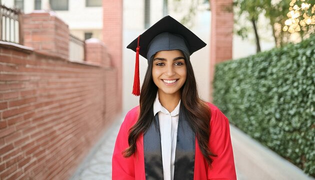 Indian Female Graduate - Celebrating Graduation from College or University - Wearing Graduation Attire - Graduation Hat and Robes - Succesfull Young Adult or Teenager Smiling and Happy