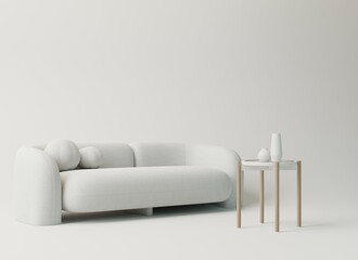 Minimal White Contemporary Sofa with side coffee table on monochrome  empty white cream background. Elegant luxury studio with copy space. 3D render.