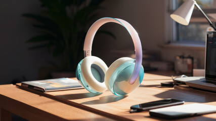 Wireless headphones with soft ear cups lying on a table next to a laptop and mobile phone, illuminated by sunlight