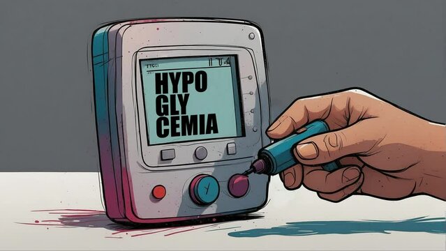 hand approaching Digital blood glucose meter with blood pressure measurement hypoglycaemic hypoglycaemia concept
