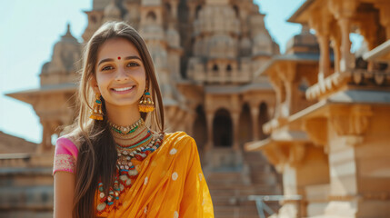Young indian beautiful girl standing in front of heritage temple