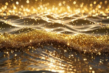 Festive Sparkle: Immerse yourself in the magical allure of a golden glitter wave enhanced by captivating bokeh effects, perfect for adding a touch of celebration to your designs