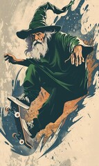 A wizard is skateboarding on a half-pipe