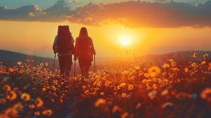 Two people are walking in a field of flowers
