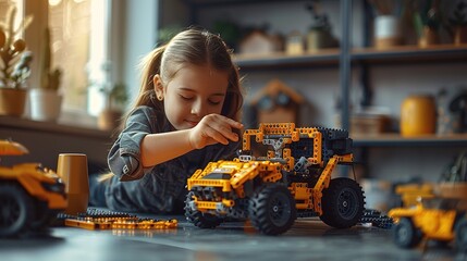 A little girl is building a toy car with legos