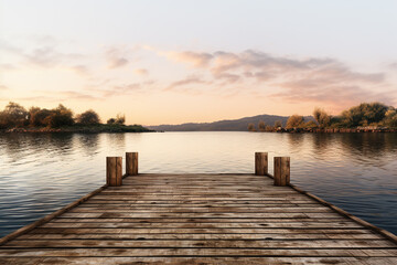 A rustic wooden dock extending into the shimmering waters at dusk, isolated on solid white background.