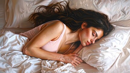 Naklejka premium Serene Sleep Scene, Woman Resting Peacefully in Bed. Cozy Atmosphere, Natural Light, Intimacy and Comfort Captured in Realistic Style. Ideal for Lifestyle and Wellness Content. AI