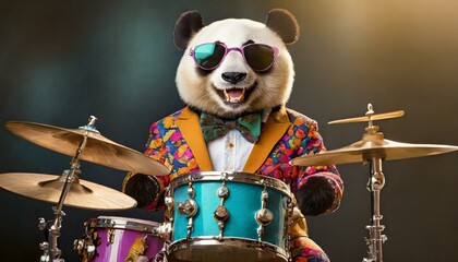 panda playing drums in colorful retro suit with sunglasses like a rockstar, black background, isolated portrait