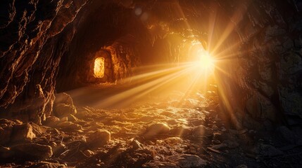 A dramatic scene of the resurrection with light beams breaking through the darkness, centered on the empty tomb, with copy space