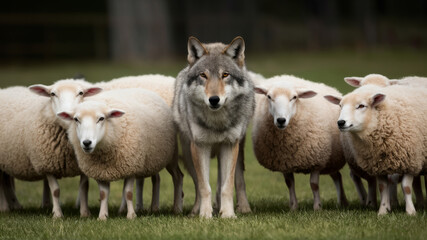Wolf Among Sheep: Animals on Green Grass, Contrast Between Predator and Flock