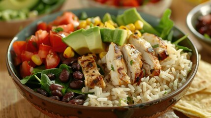 Delicious lunch awaits with a homemade Mexican chicken burrito bowl brimming with rice beans corn tomato avocado and spinach Dive into a satisfying taco salad lunch bowl