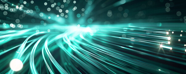 Glowing turquoise and white lines on a dark backdrop, representing fiber-optic communication technology.