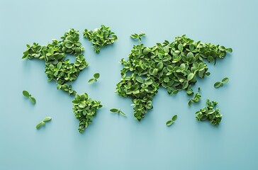 world map made of green leaves on light blue background