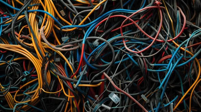 Close-up of tangled wires in a messy pile