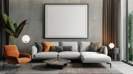 Mockup poster frame on the wall of living room. Luxurious apartment background with contemporary design.