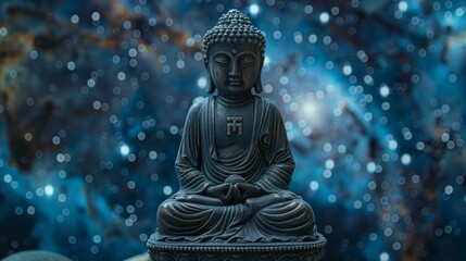 Fototapeta premium Buddha statue in cosmic backdrop, meditating amidst stars, representing enlightenment and the universe. Perfect for conceptual art.