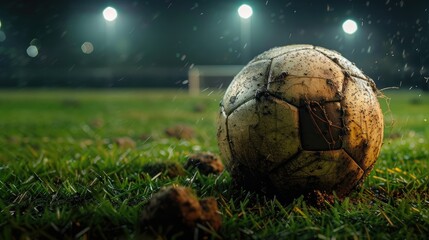 A dirty soccer ball sitting on a green grass playing field. Sports and football under the stadium...