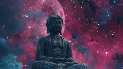 Buddha statue in cosmic backdrop, meditating amidst stars, representing enlightenment and the universe. Perfect for conceptual art.