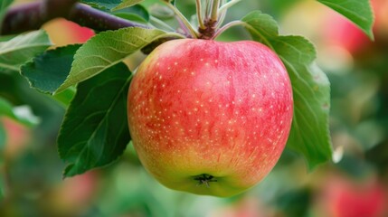 Obraz premium A ripe red green apple hanging from a branch of the apple tree
