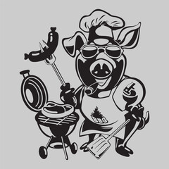 Cartoon Pig Chef BBQ Grill Cooking: Playful Illustration of a Swine Chef Barbecuing with Style