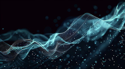 High-tech digital wave with streaming cyber particles on a stark black background.