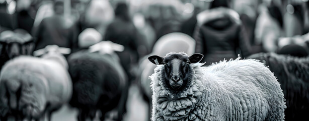 Black and white image of a sheep looking at the camera.