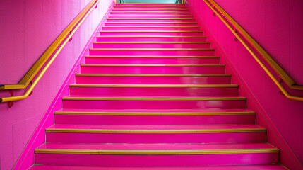 Hot pink stairs with a chic wooden handrail, full front view capturing the bold color.