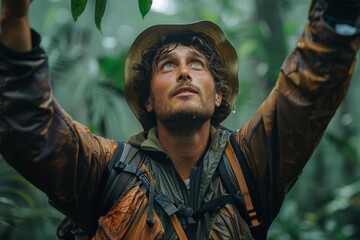 Fototapeta premium An adventurer in an orange jacket gazes up at the sky through the green leafy canopy of the forest