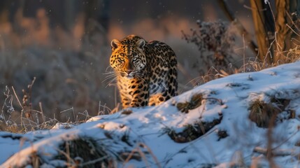 This Amur leopard sits against a snowy backdrop, bathed in the golden light of a tranquil sunset, exuding calmness