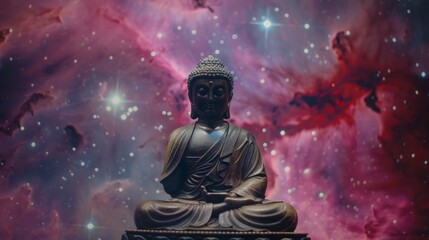 Buddha statue in cosmic backdrop, meditating amidst stars, representing enlightenment and the universe. Perfect for conceptual art.