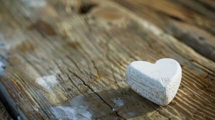 A white heart rests gracefully on the vintage wooden tabletop