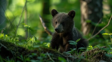 Obraz premium A serene bear cub sits among the forest foliage, blending into the dappled sunlight and shadows
