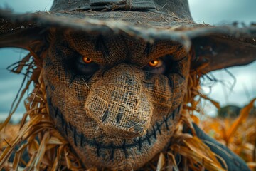 Up-close image of a scarecrow with intense glowing eyes that create a mysterious and ominous effect