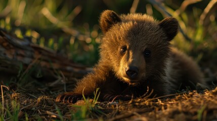 Fototapeta premium An adorable brown bear cub captures hearts as it lies on the forest ground with a tender gaze