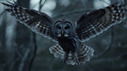 Wings outstretched, an owl swoops through the shadowy woods, showcasing a moment of powerful grace and agility