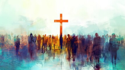 Many people around the cross, christian concept, modern painting - obrazy, fototapety, plakaty