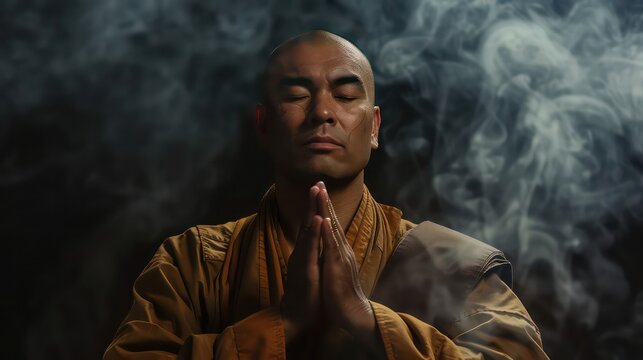 Ethnic male monk in brown religious robe with eyes closed meditating and praying while standing over black background with smoke