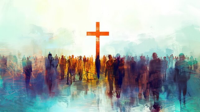 Many people around the cross, christian concept, modern painting