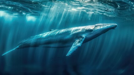 Fototapeta premium An awe-inspiring image of a blue whale smoothly gliding through water illuminated by heavenly sunlight shafts