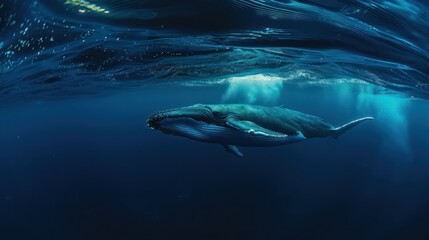 Obraz premium Dramatic image capturing a humpback whale as it dives with its tail fin visible above the water’s surface in a deep blue oceanic environment