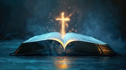 Open book with glowing cross on dark blue background. Religious concept