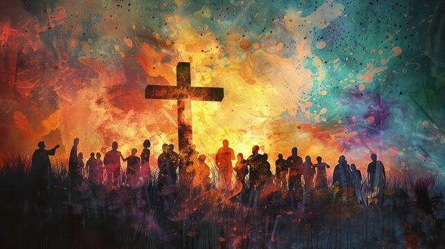 Silhouette team of people raising hands at cross background